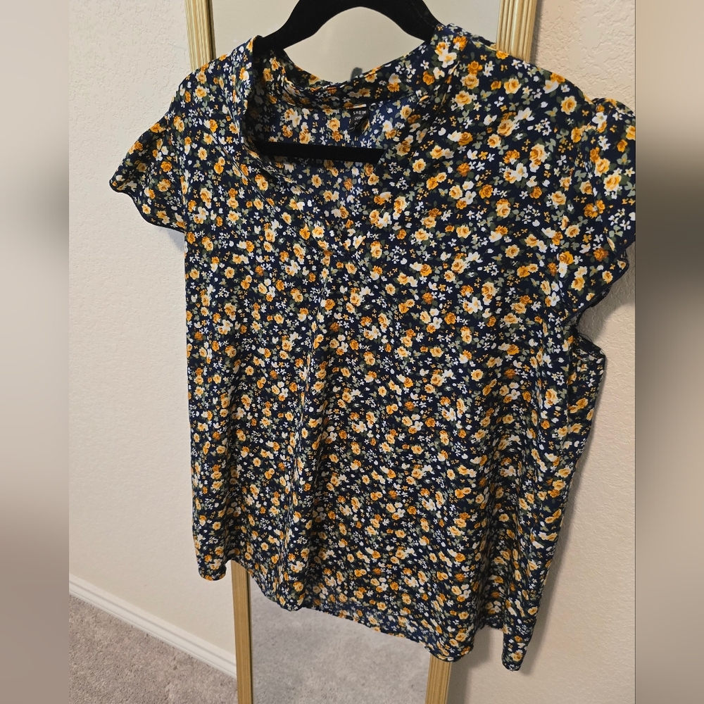 Blue Ruffled Cap Sleeve Blouse